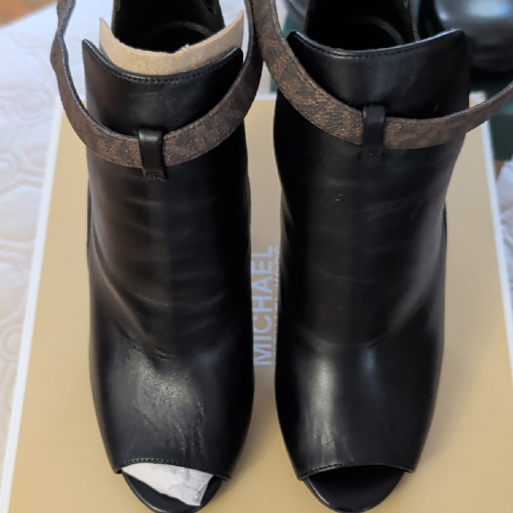 Michael Kors Black and Brown Peep-Toe Heeled Boots